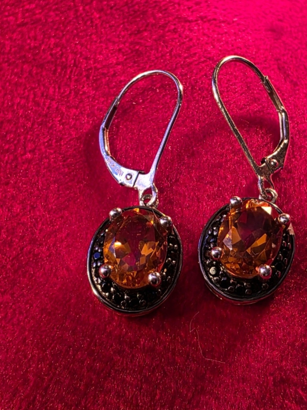 Streling Silver Amber Oval Crystal Drop Earrings - Stamped